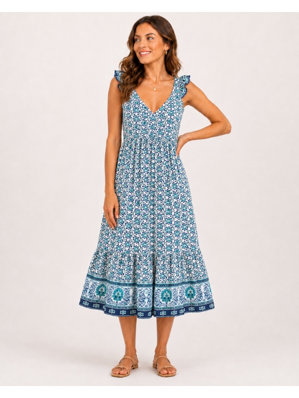 Lucky Brand Women’s Blue Teal Boho Maxi Dress Medallion Print Size S